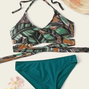 Tropical Criss Cross Halter Bikini Set